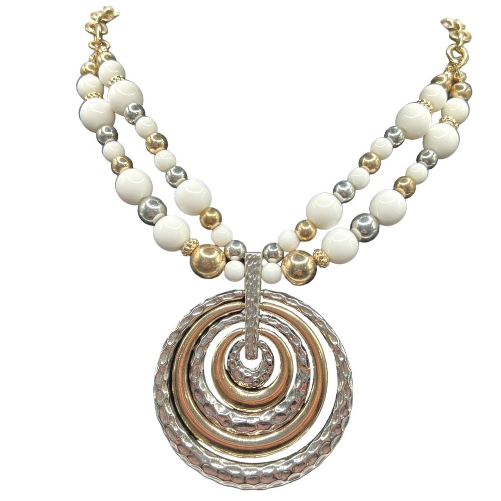 Statement Necklace Silver Gold‎ Tone Round Pendant White Beaded Chain